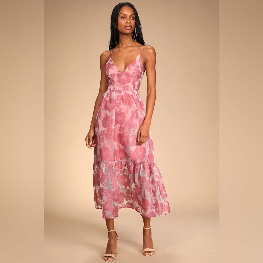 Lulus Feeling Like Forever Rose Jacquard Organza Lace-Up Midi Dress